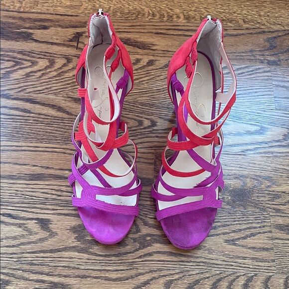 Jessica Simpson Strappy Red and Purple Faux Suede Heels Size 9.5 - Picture 5 of 12